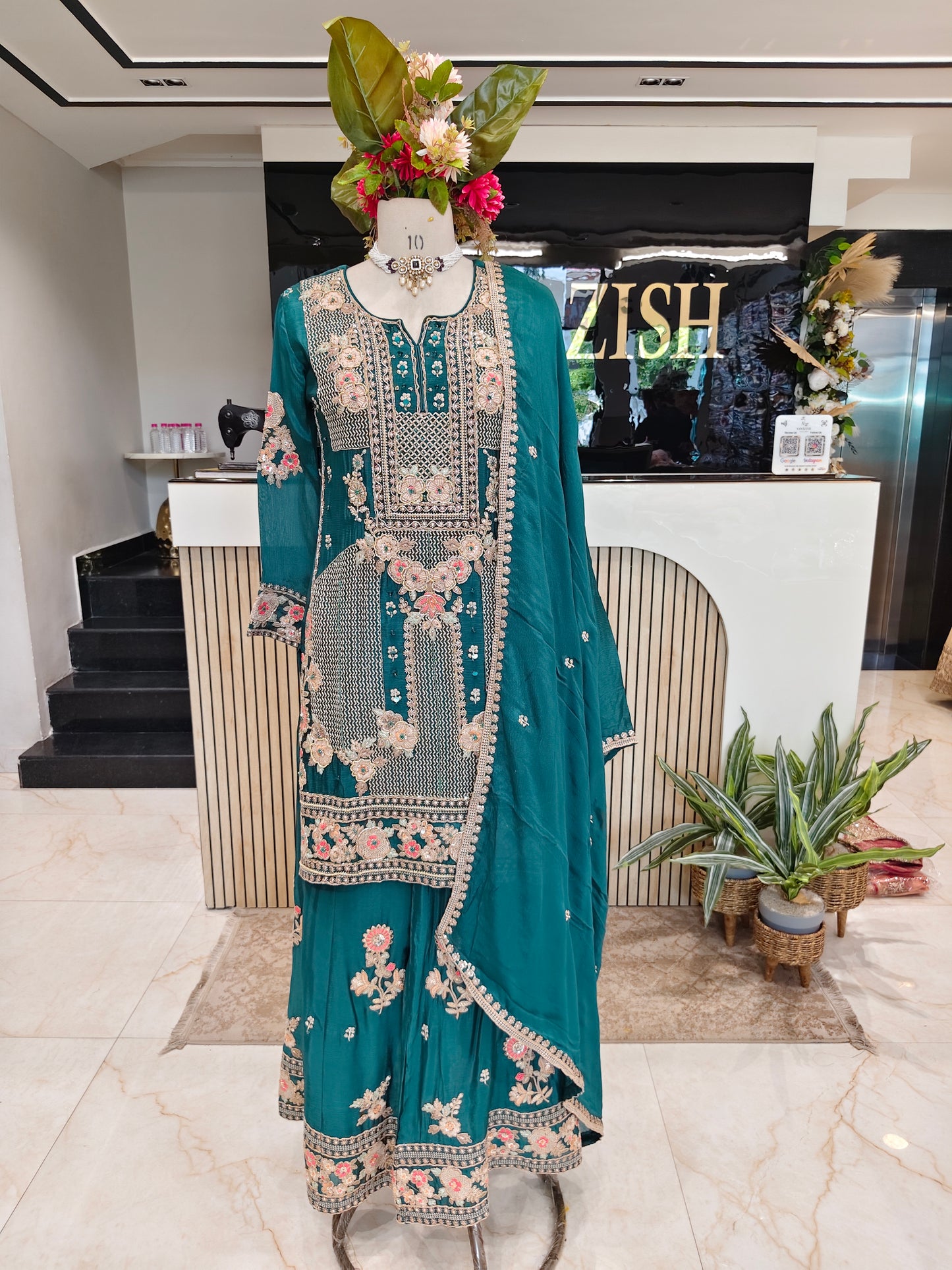 Teal Blue Chinon Chiffon Sharara Set