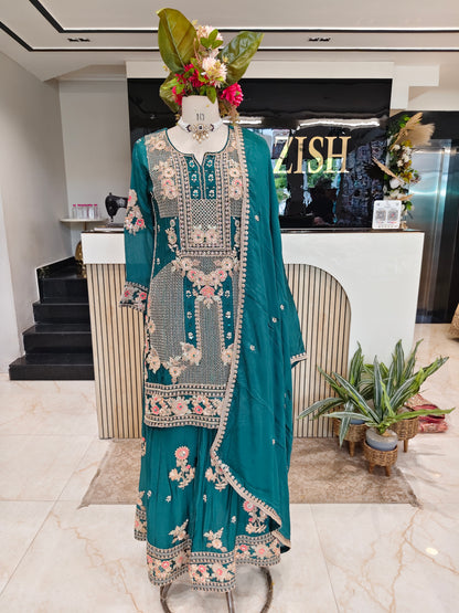 Teal Blue Chinon Chiffon Sharara Set
