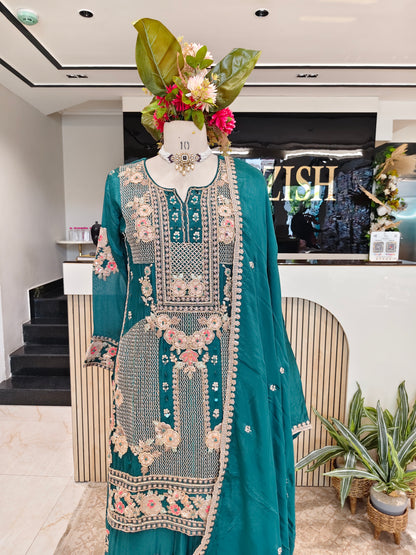 Teal Blue Chinon Chiffon Sharara Set
