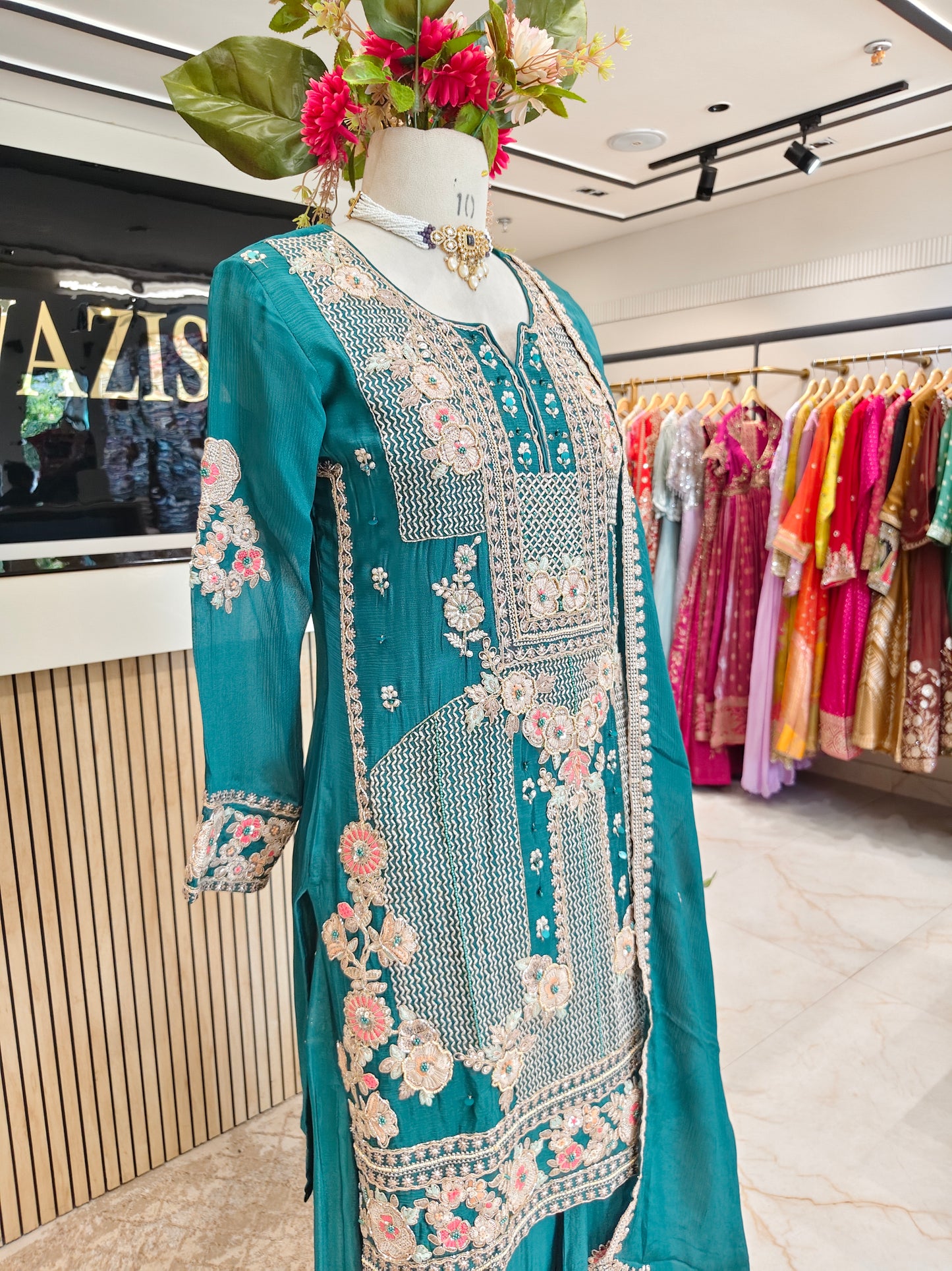 Teal Blue Chinon Chiffon Sharara Set