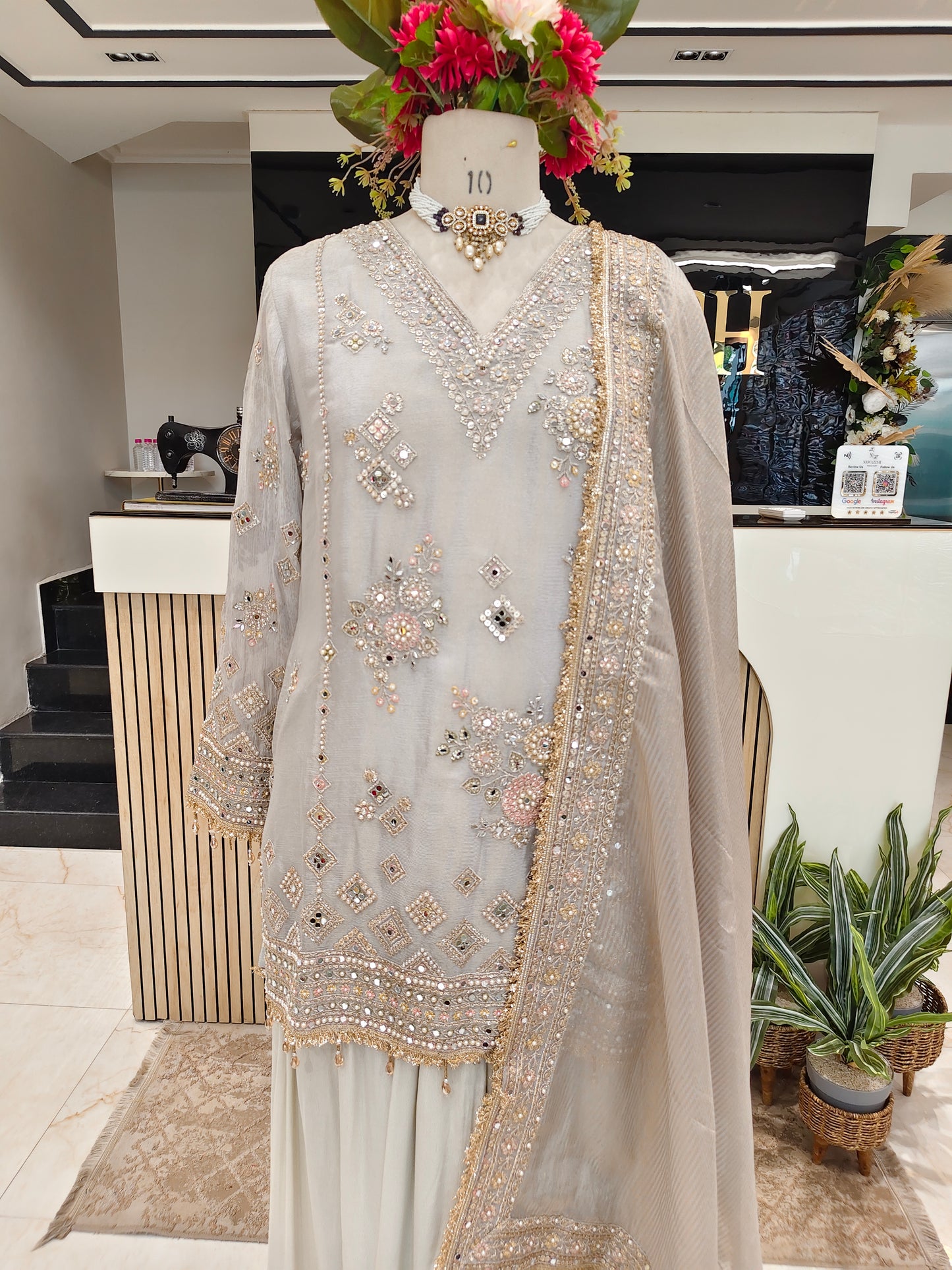 Grey Tissue Farshi Salwar Kurta Set
