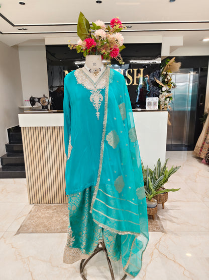 Teal Blue Crepe Farshi Salwar Kurta Set