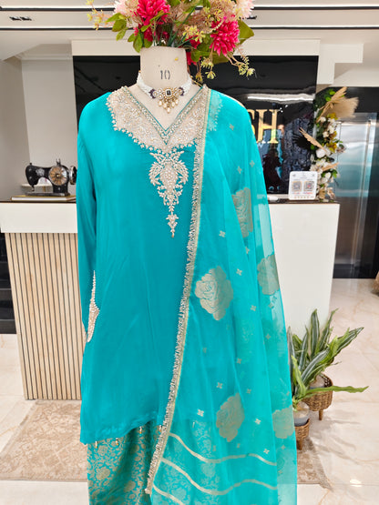 Teal Blue Crepe Farshi Salwar Kurta Set