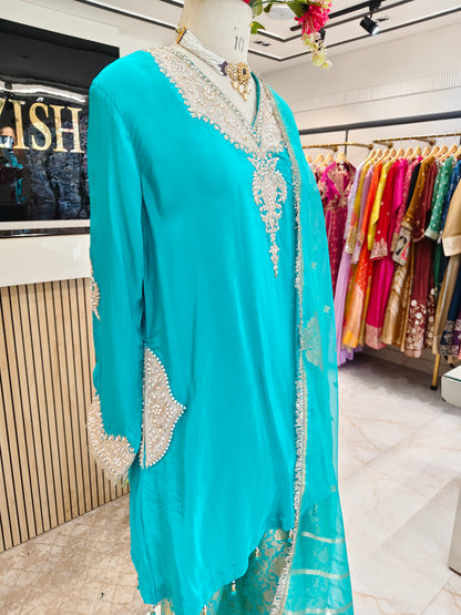 Teal Blue Crepe Farshi Salwar Kurta Set