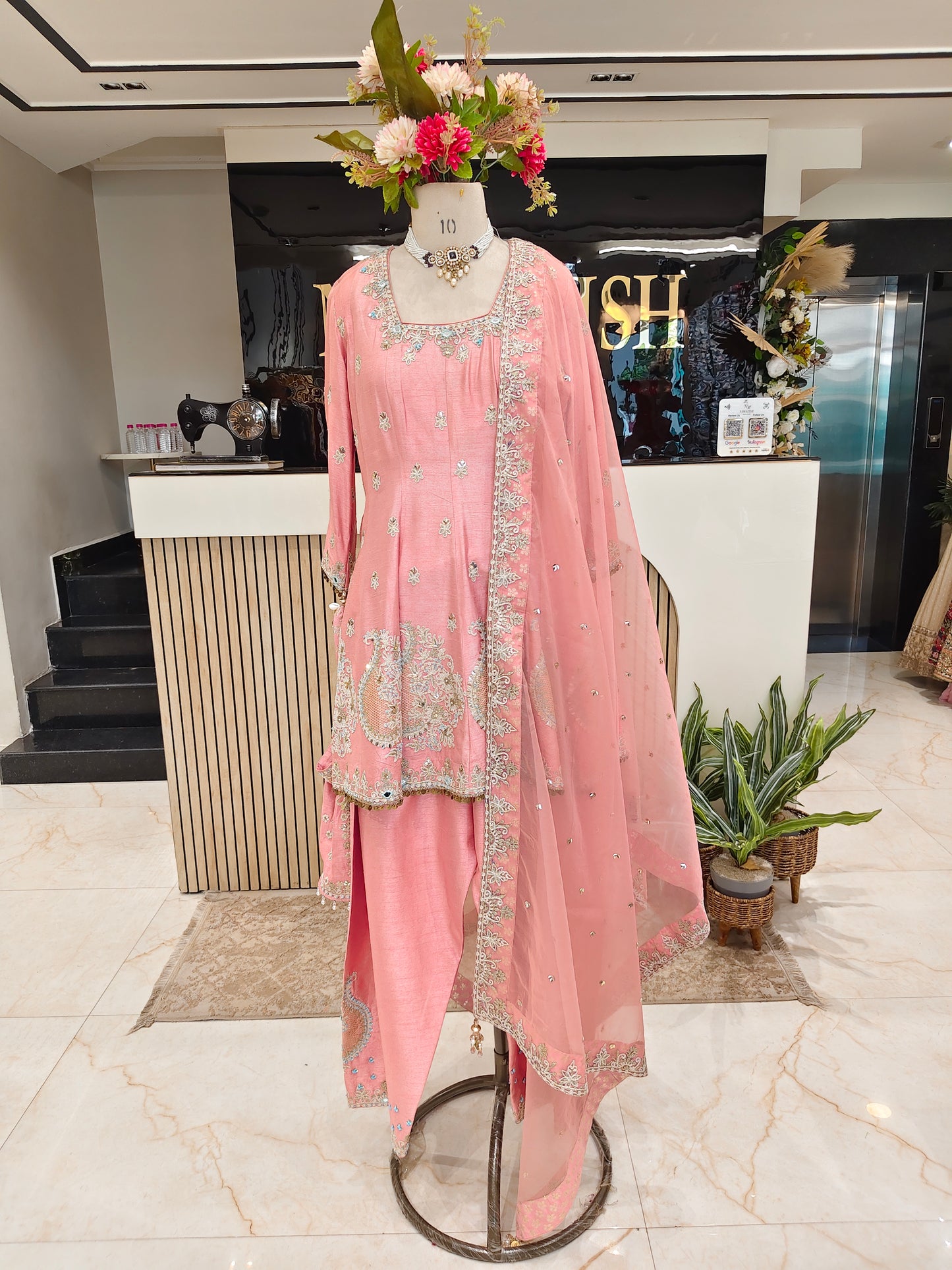 Baby Pink Silk A-Line Kurta Farshi Salwar Set