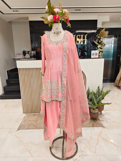 Baby Pink Silk A-Line Kurta Farshi Salwar Set