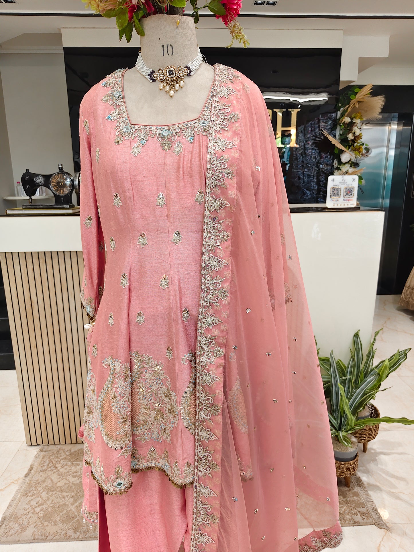 Baby Pink Silk A-Line Kurta Farshi Salwar Set