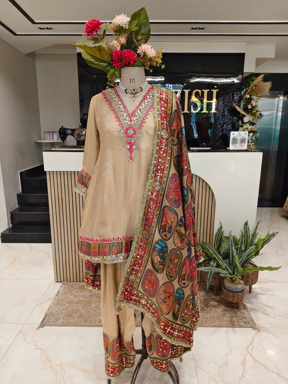 Cream Tissue A-Line Kurta Sharara Set
