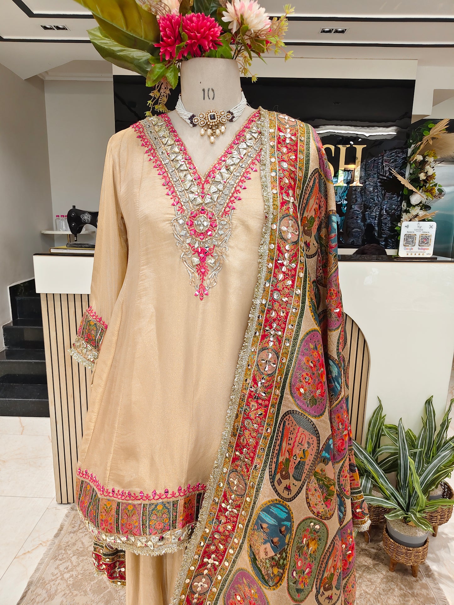 Cream Tissue A-Line Kurta Sharara Set