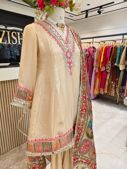 Cream Tissue A-Line Kurta Sharara Set