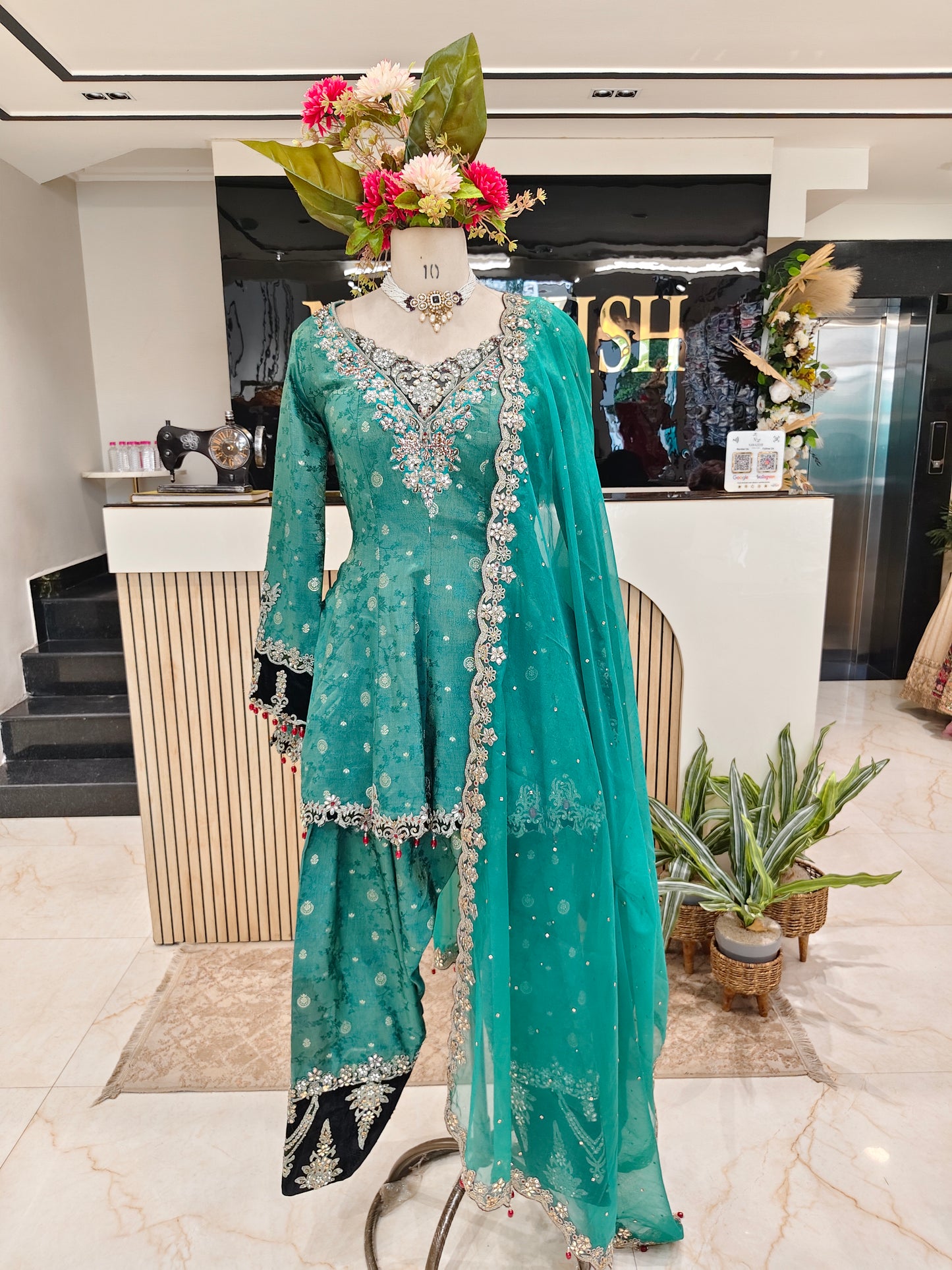 Dark Green Jacquard Tissue Farshi Salwar Kurta Set
