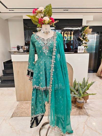 Dark Green Jacquard Tissue Farshi Salwar Kurta Set