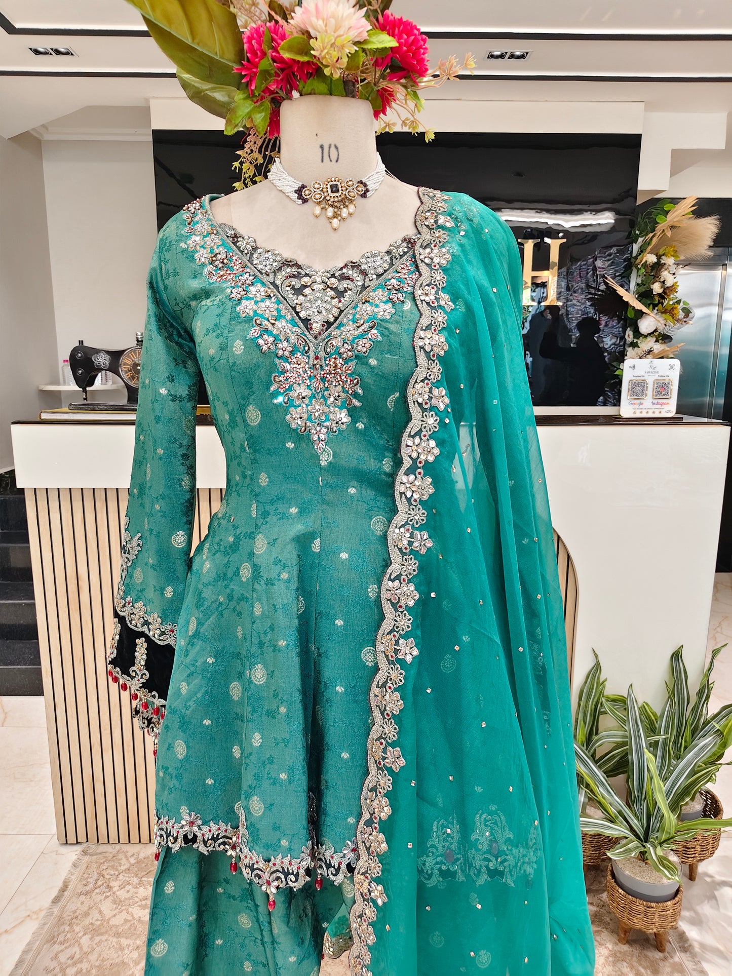 Dark Green Jacquard Tissue Farshi Salwar Kurta Set