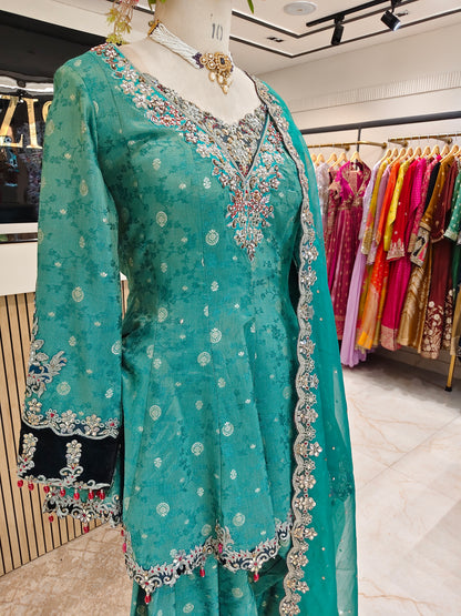 Dark Green Jacquard Tissue Farshi Salwar Kurta Set