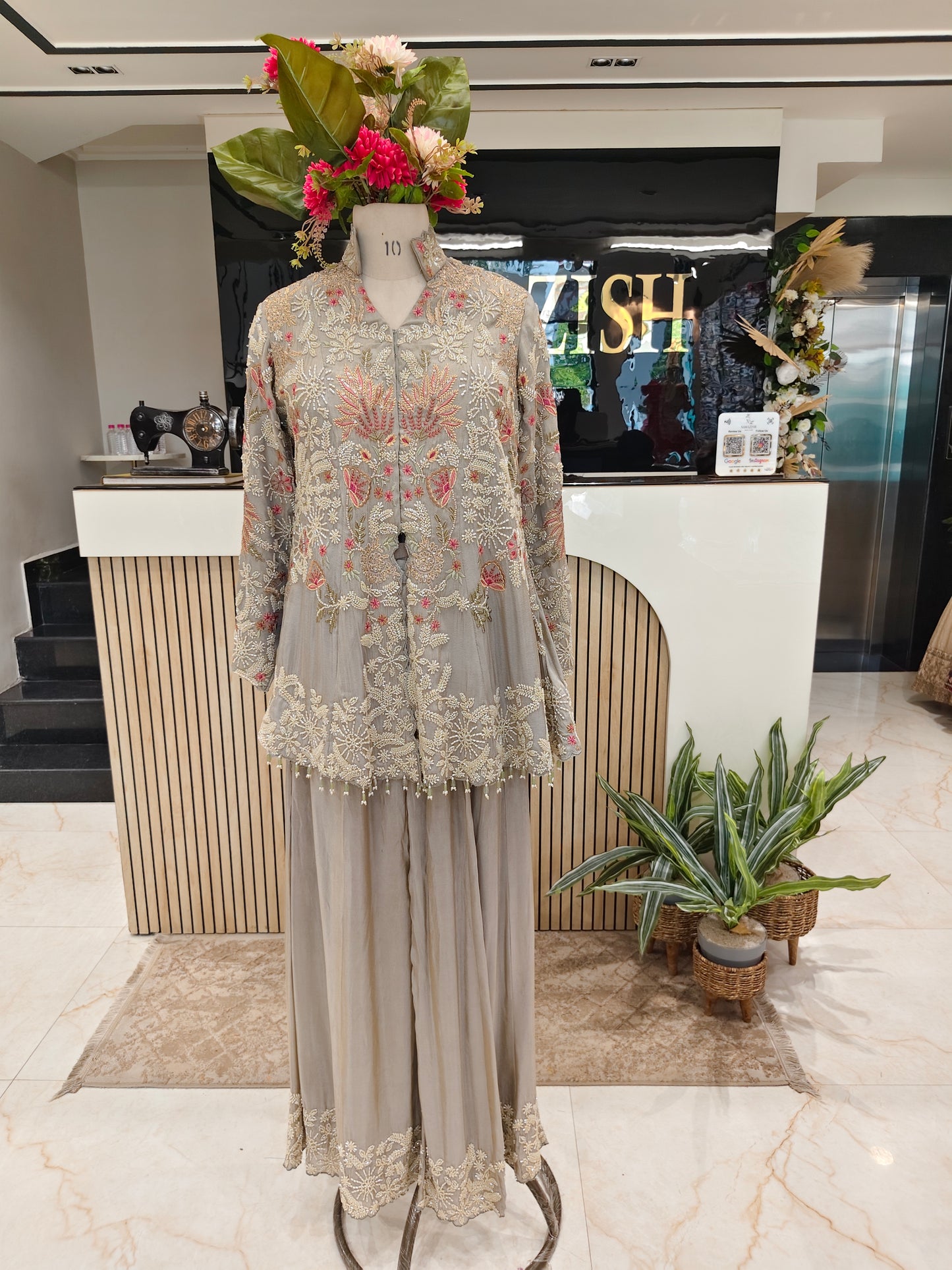 Grey Tissue Blazer Style Sharara Set
