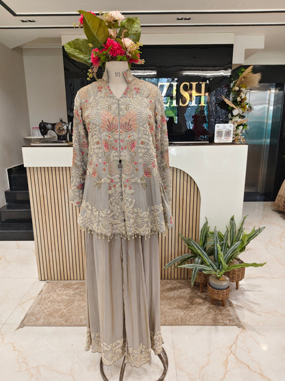 Grey Tissue Blazer Style Sharara Set