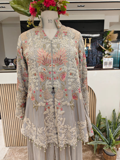 Grey Tissue Blazer Style Sharara Set