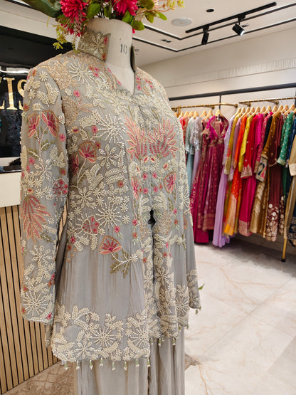 Grey Tissue Blazer Style Sharara Set