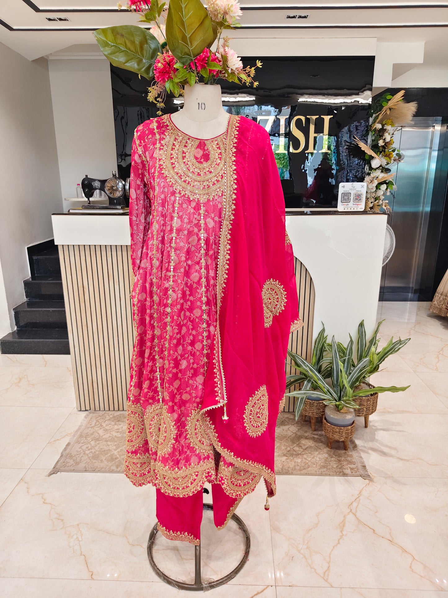 Hot Pink Jacquard Tissue Anarkali SetHot Pink Jacquard Tissue Anarkali Set