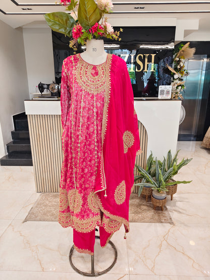 Hot Pink Jacquard Tissue Anarkali SetHot Pink Jacquard Tissue Anarkali Set