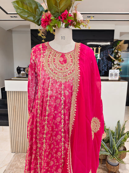 Hot Pink Jacquard Tissue Anarkali SetHot Pink Jacquard Tissue Anarkali Set