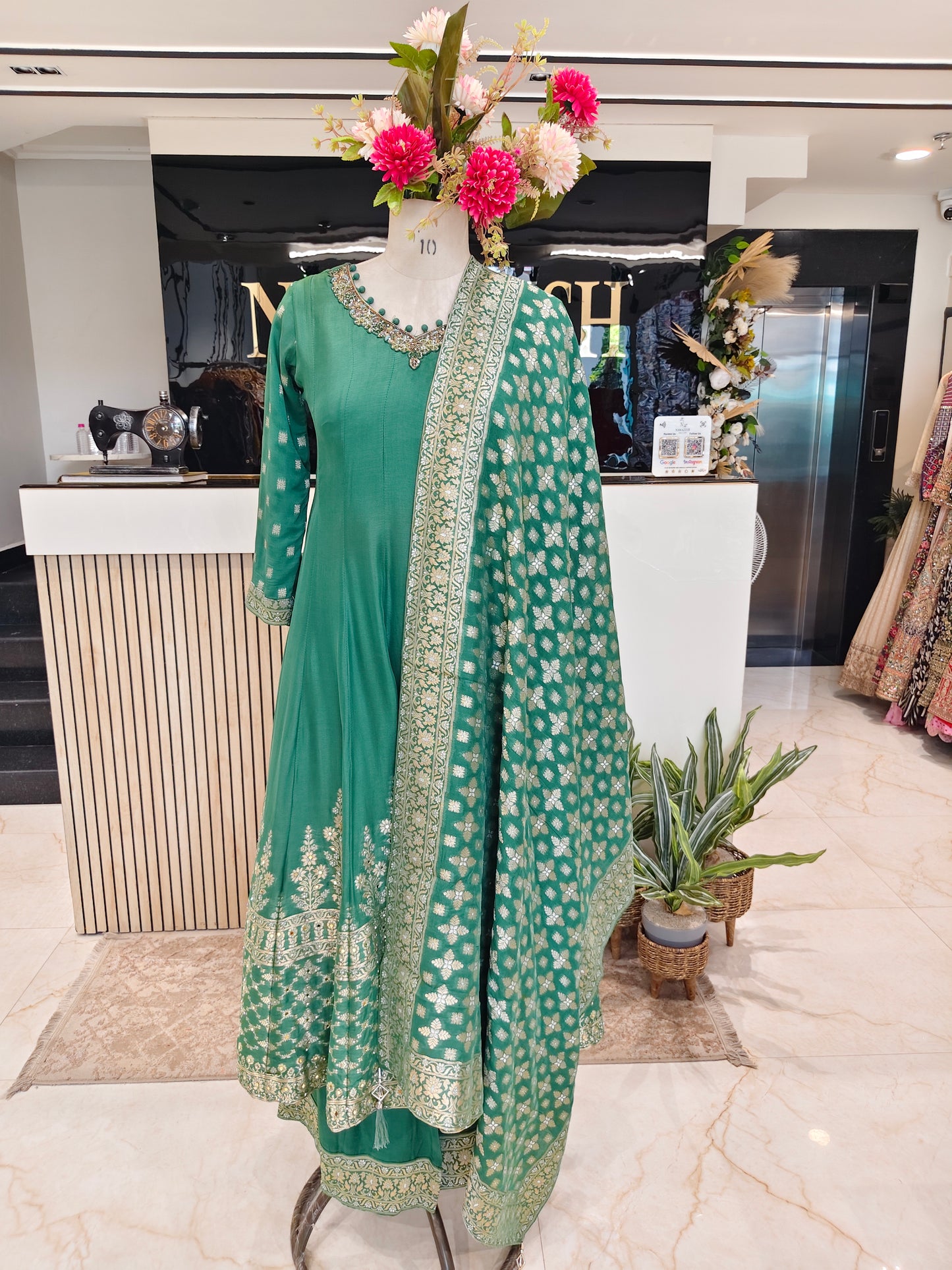 Olive Green Organza Anarkali Set