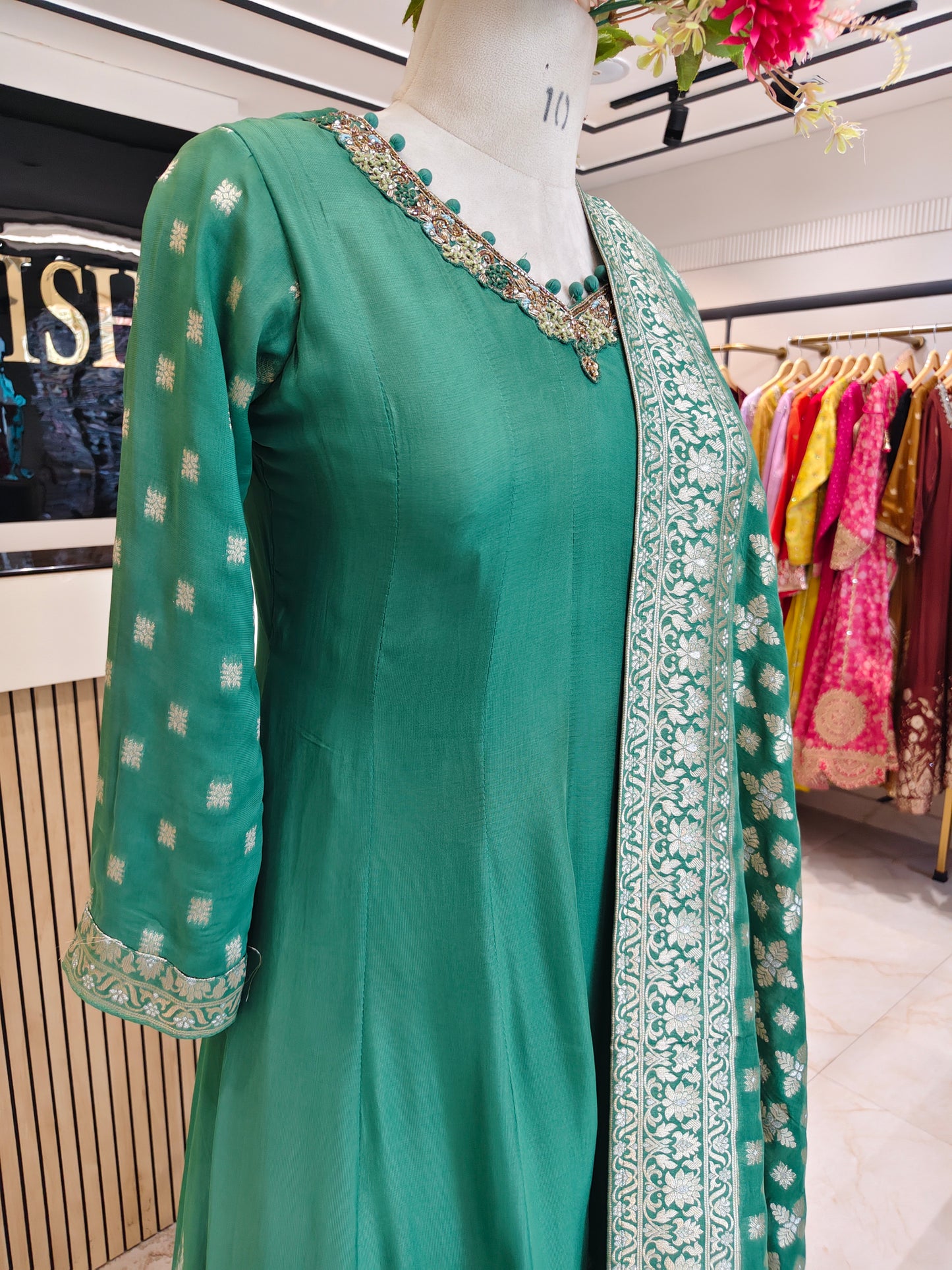 Olive Green Organza Anarkali Set