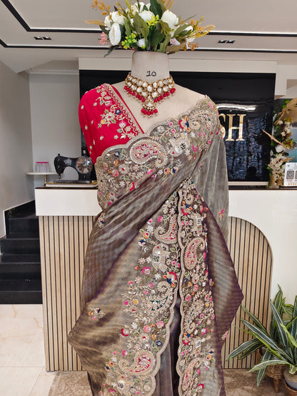 Rose Gold & Red Tissue Saree