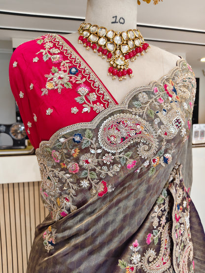 Rose Gold & Red Tissue Saree
