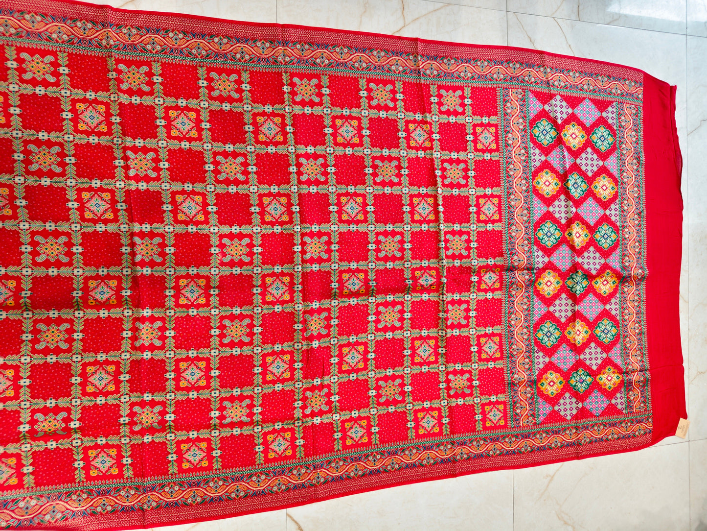 Red Chinon Ikat Printed Saree
