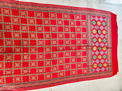 Red Chinon Ikat Printed Saree