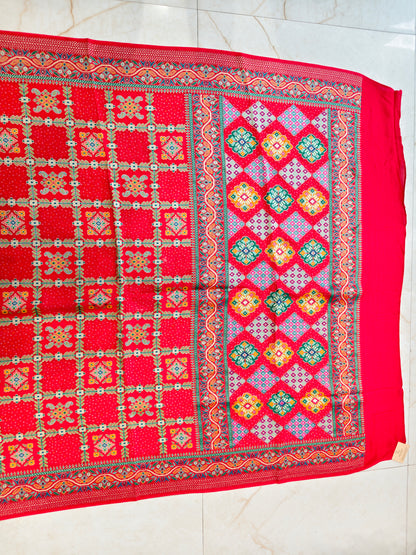 Red Chinon Ikat Printed Saree