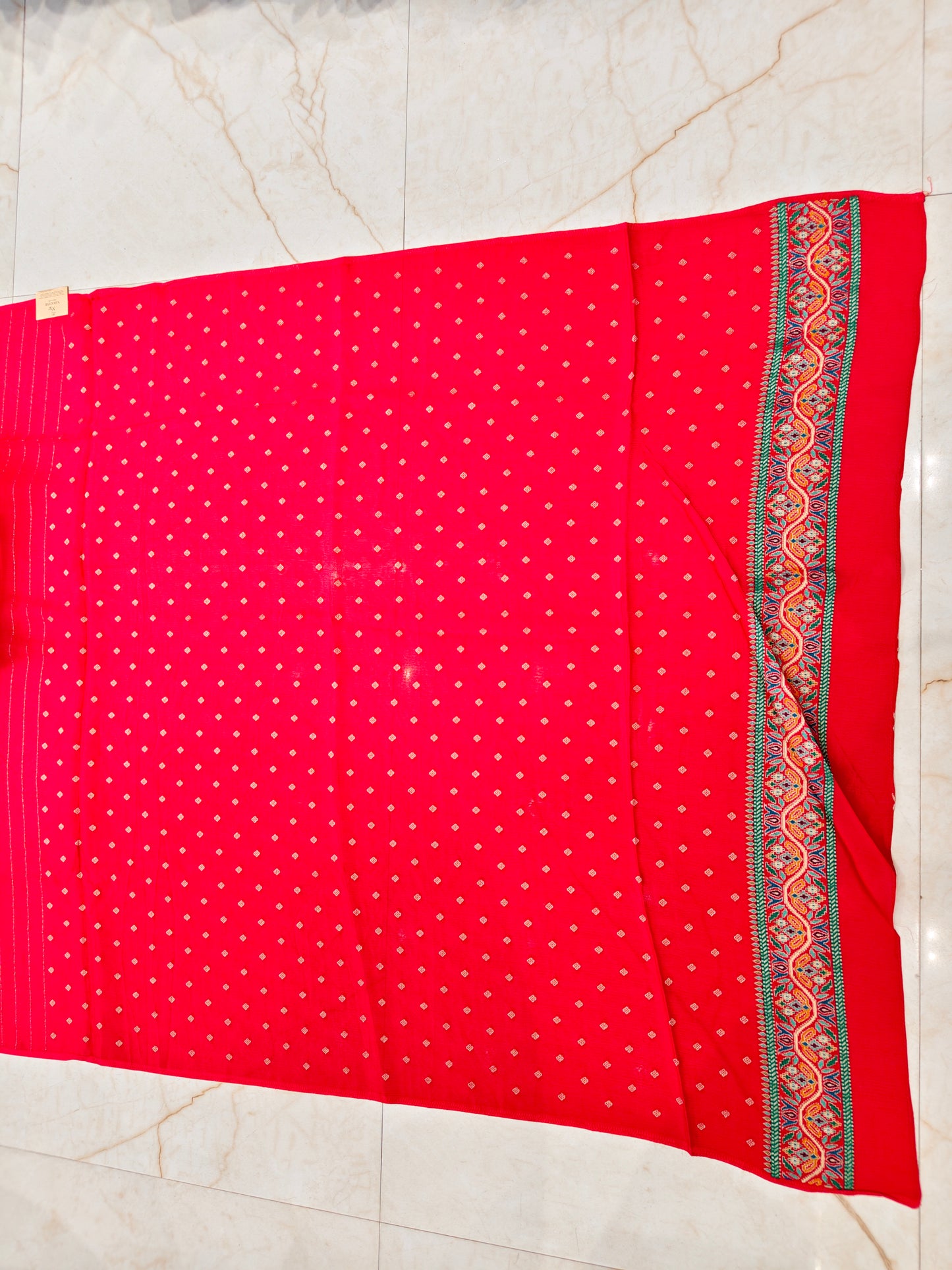 Red Chinon Ikat Printed Saree