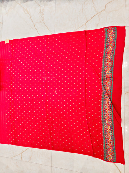 Red Chinon Ikat Printed Saree