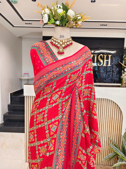 Red Chinon Ikat Printed Saree