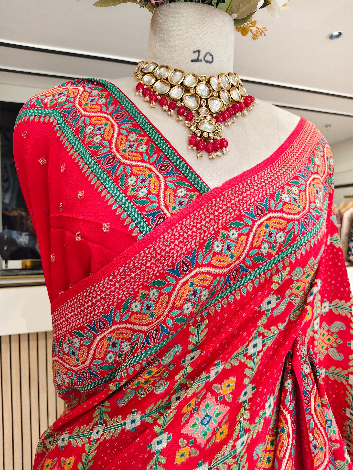 Red Chinon Ikat Printed Saree