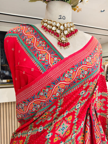 Red Chinon Ikat Printed Saree