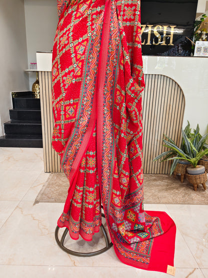 Red Chinon Ikat Printed Saree