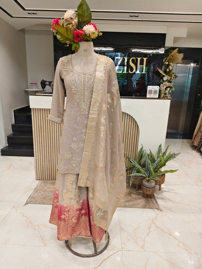 Beige & Rani Pink Tissue Sharara Set