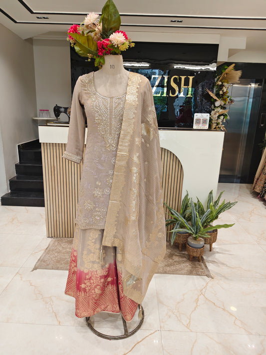 Beige & Rani Pink Tissue Sharara Set