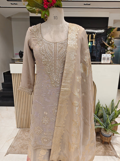 Beige & Rani Pink Tissue Sharara Set