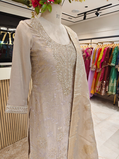 Beige & Rani Pink Tissue Sharara Set