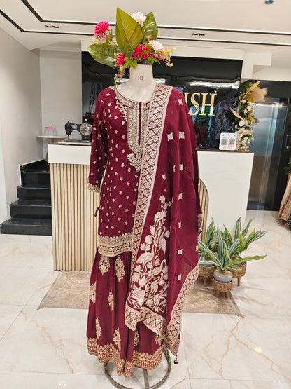 Maroon Dola Silk Garara Set