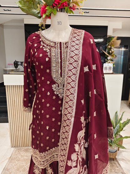 Maroon Dola Silk Garara Set