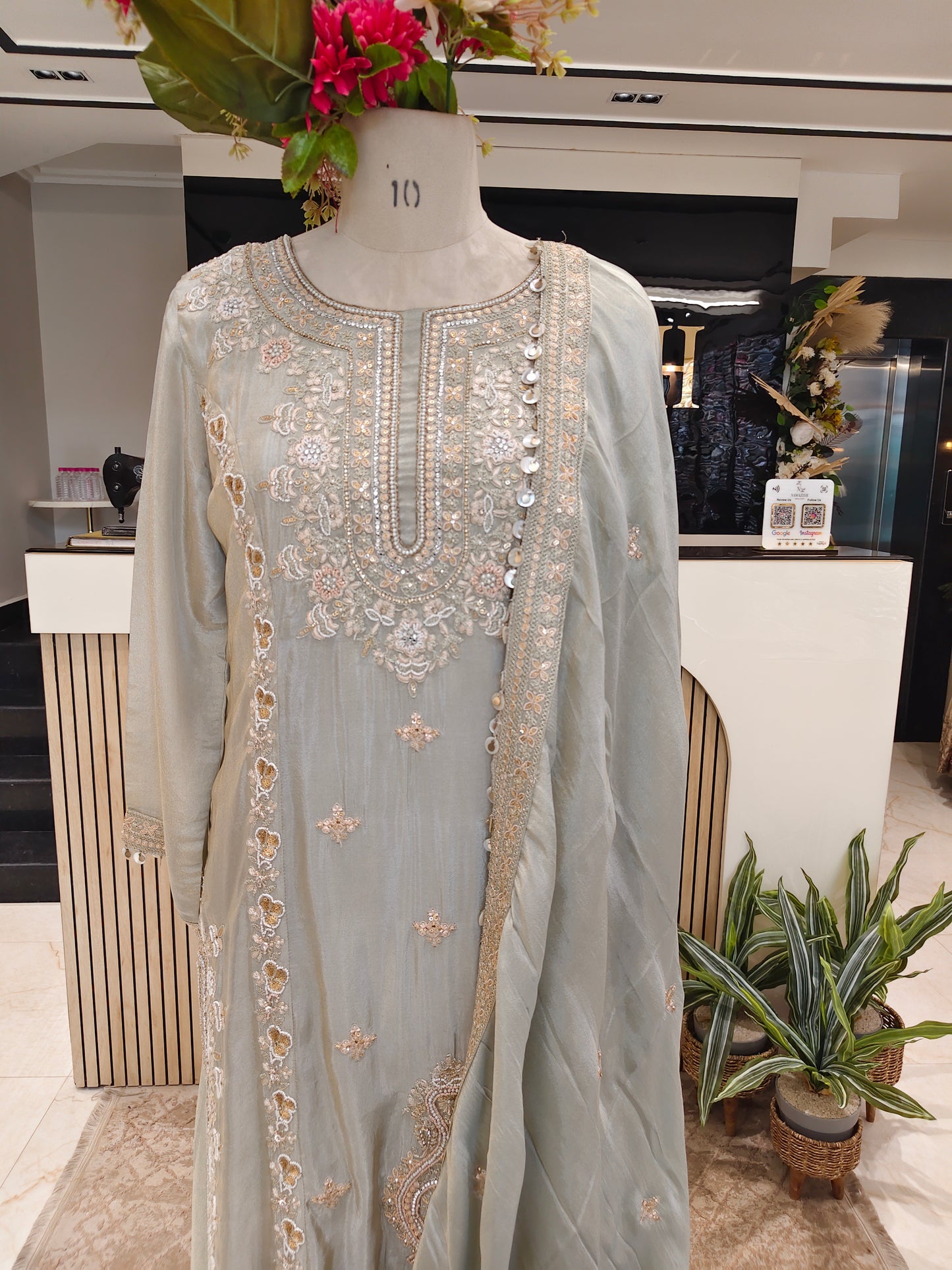 Pista Green Tissue Kurta Pants Set