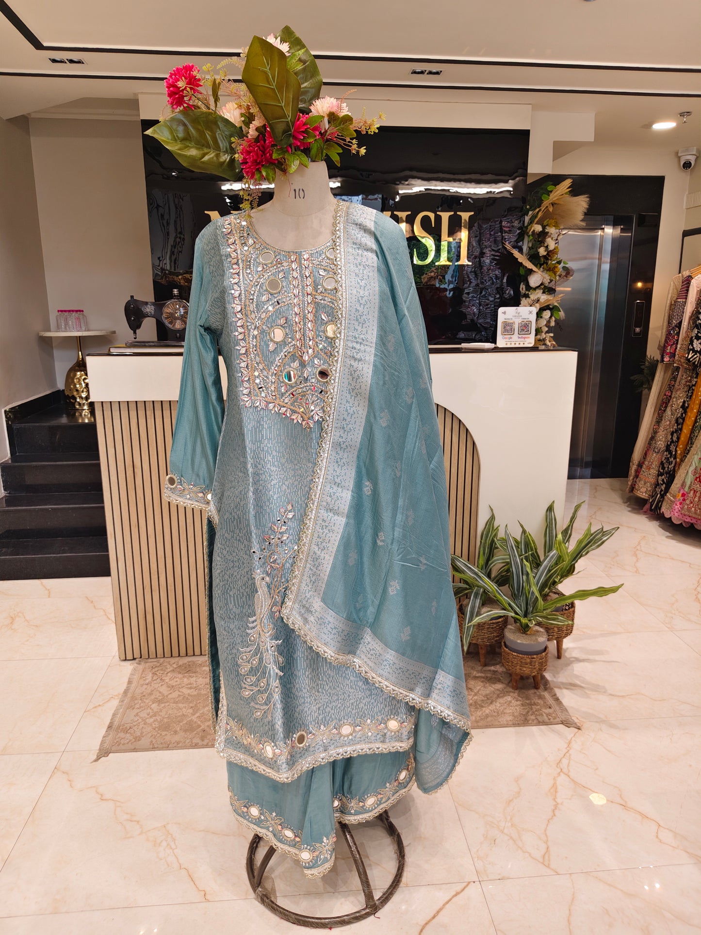 Blue Jacquard Tissue Sharara Set