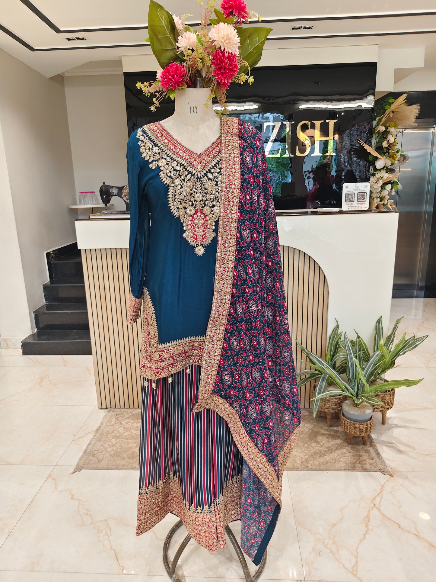 Blue Chinon Kurta Palazzo Set
