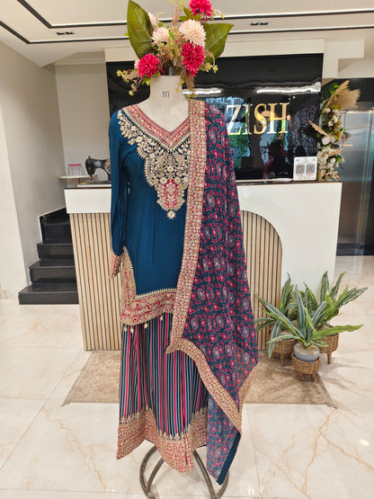 Blue Chinon Kurta Palazzo Set