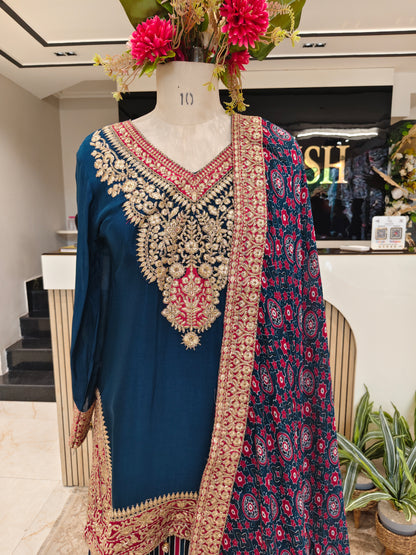 Blue Chinon Kurta Palazzo Set