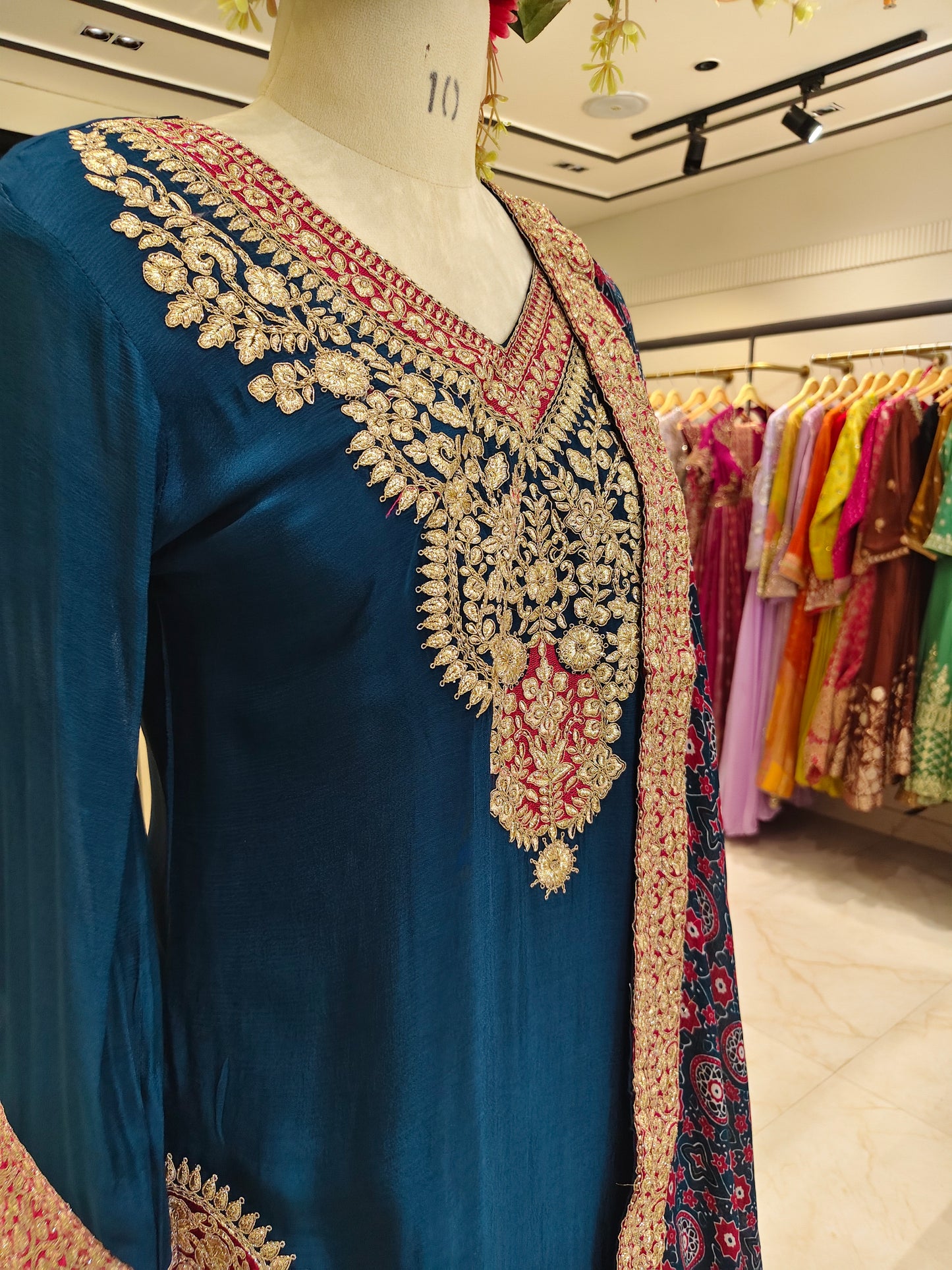 Blue Chinon Kurta Palazzo Set